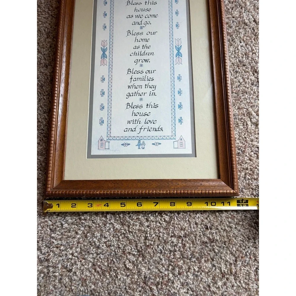 Vintage CHARLES F HUMPHREY Bless This House Calligraphy Print, Faux cross stitch